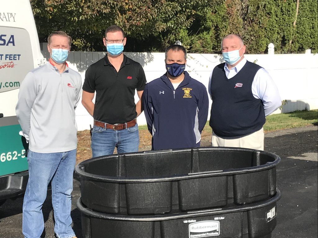 Pictured left to right are Perry Siegel CATA President, Matt Petuch Store Manager at H.W. Hine Hardware in Cheshire, Marc Aceto athletic trainer from East Haven High School, and Glenn Lungarini CIAC Executive Director.