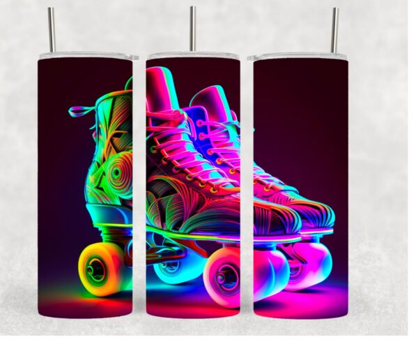 80'S Throwback Neon Roller Skate Tumbler | Retro Roller Skating Hot Cold Water Bottle | Vintage Iced Coffee Tea Colorful Neon Tumbler Drinkware Cup